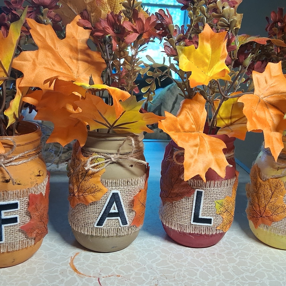Autumn Leaf Mason Jar Set - Orange, Tan, Red